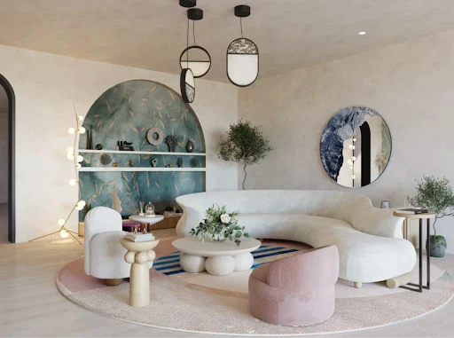 Modern living room with curved white sofa, pastel chairs, round coffee table, and arched accent wall.
