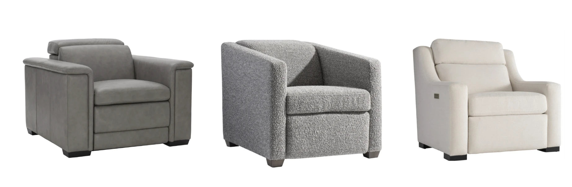 Set of three modern armchairs in charcoal leather, textured gray fabric, and ivory upholstery, featuring wide arms, deep seats, and contemporary silhouettes