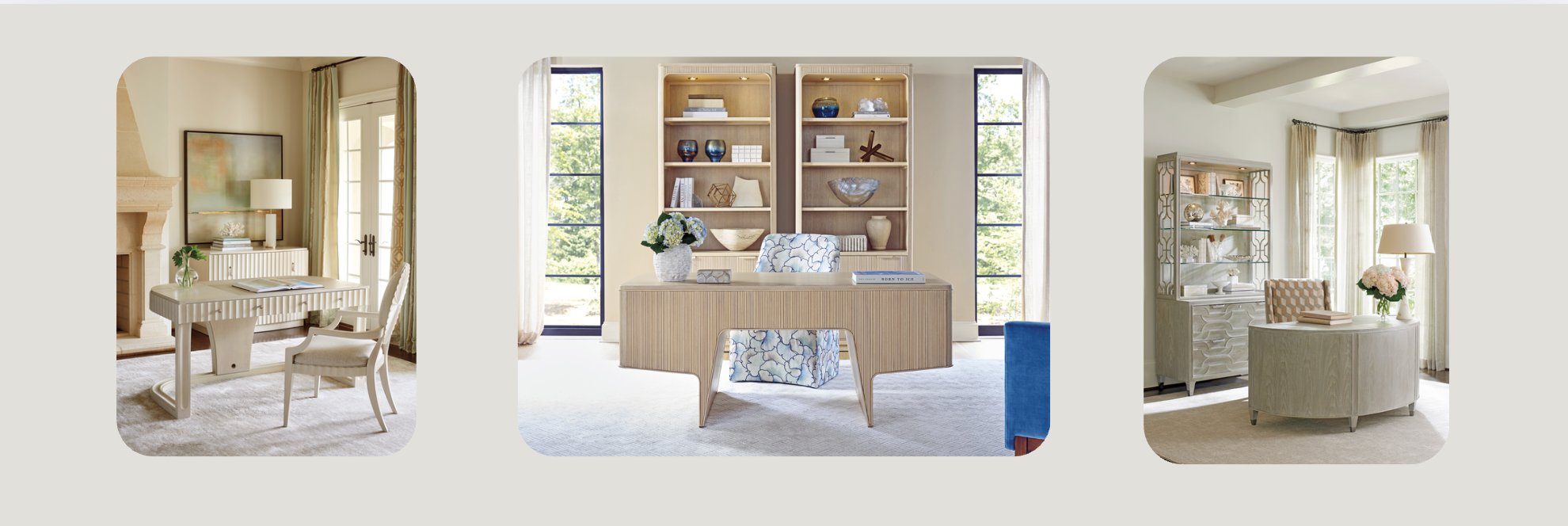 Collection of elegant home office setups featuring light wood desks, upholstered chairs, bookcases, and accent cabinets, styled in bright, neutral-toned interiors