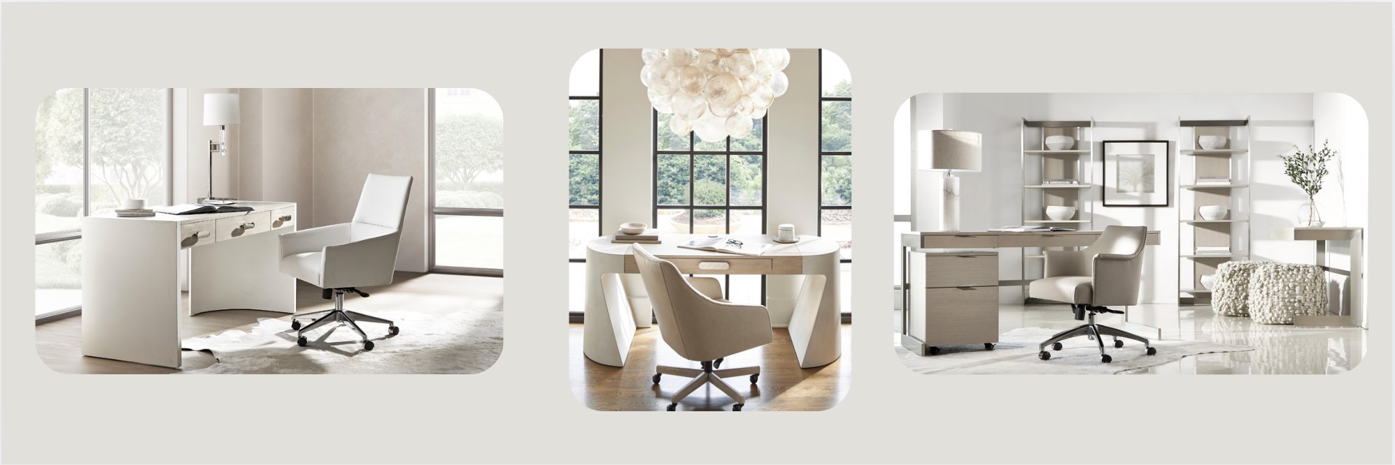 Contemporary home office with a white swivel desk chair, wood and mirrored desk, and light wood storage cabinets, styled in a minimalist neutral palette