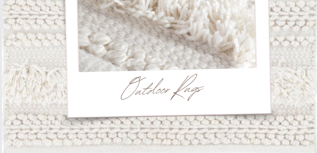 Textured ivory outdoor rug with woven and looped detailing, shown in a close-up fabric overlay with handwritten label reading "Outdoor Rugs"