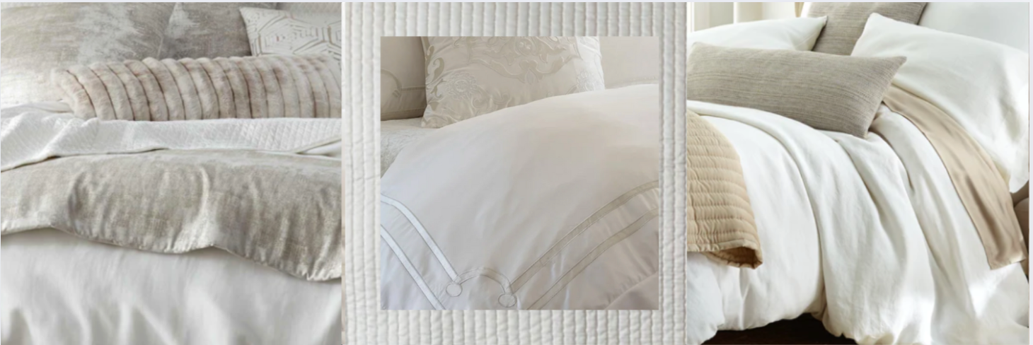 Luxurious neutral-toned bedding with layered duvets, quilted textures, and decorative pillows in ivory, beige, and taupe, styled across three cozy beds