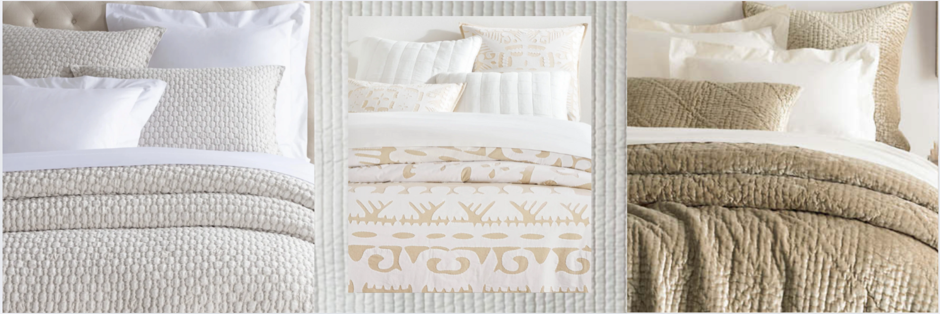 Three cozy and stylish bedding sets: light grey textured comforter with white pillows, ivory and beige boho-patterned duvet, and plush olive green quilted bedding — modern, earthy, and bohemian bedroom aesthetics.