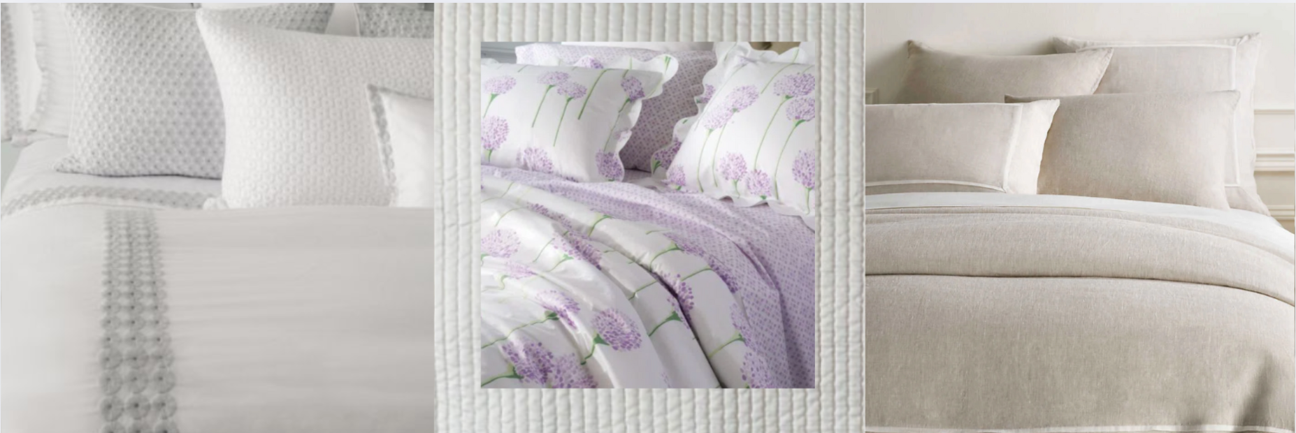 Elegant bedding sets in soft white, lavender floral print, and beige tones — featuring textured white comforters, delicate purple flower-patterned duvets, and minimalist neutral quilts for a cozy, feminine, and modern bedroom aesthetic.