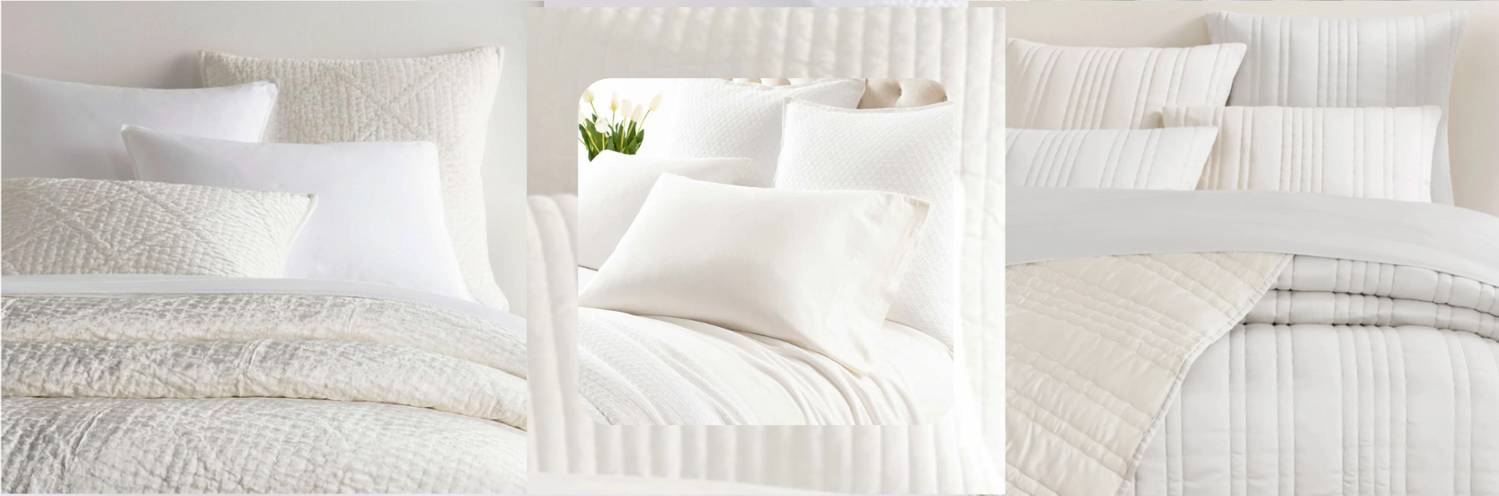 Neutral and white bedding sets with quilted and striped textures, featuring plush pillows and layered comforters in ivory, cream, and off-white tones — ideal for minimalist, cozy, and luxury bedroom aesthetics.