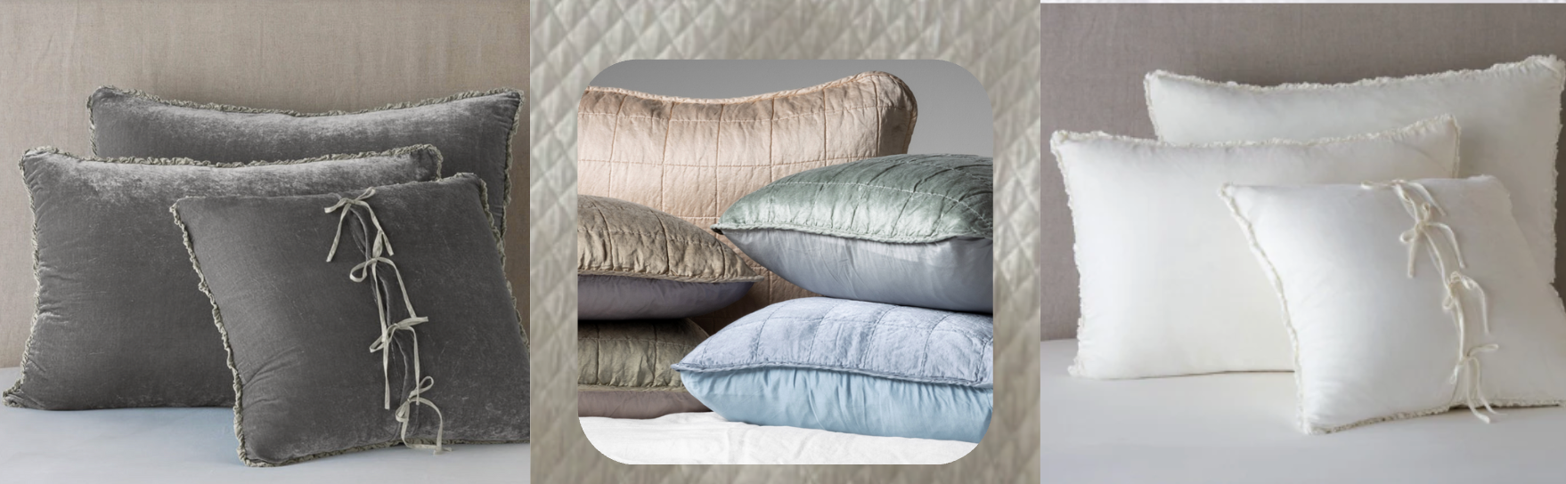 Assorted decorative throw pillows in velvet and satin textures, featuring tie-back and quilted designs in grey, metallic bronze, pastel blue, sage green, and crisp white — elegant accents for modern, luxe, and cozy bedroom decor