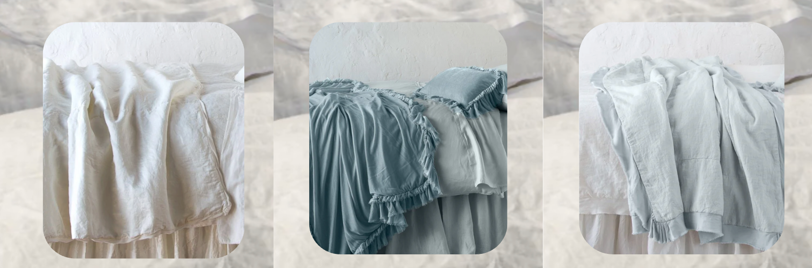 Lightweight personal blankets in ivory, dusty blue, and soft gray, displayed with ruffled edges and textured finishes draped over neutral bedding