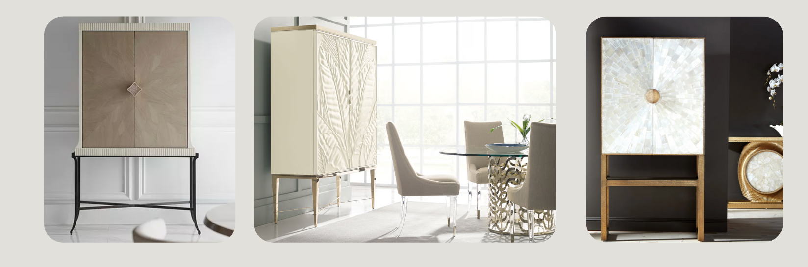 Three modern bar cabinets with sculptural doors and metallic hardware, styled in contemporary interiors with mixed textures, natural light, and elegant decor