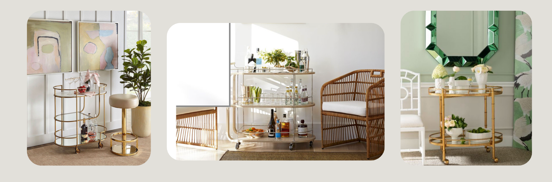 Three decorative bar carts in gold and brass finishes, styled with glassware, plants, and art in bright, eclectic interiors featuring rattan, mirrors, and pastel accents