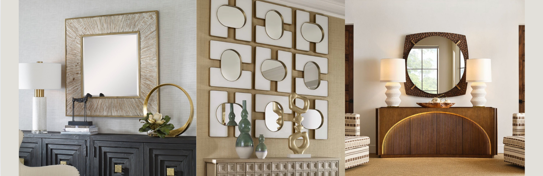 Three styled vignettes featuring decorative mirrors in gold, wood, and geometric frames, paired with console tables, sculptural decor, and table lamps in warm-toned interiors