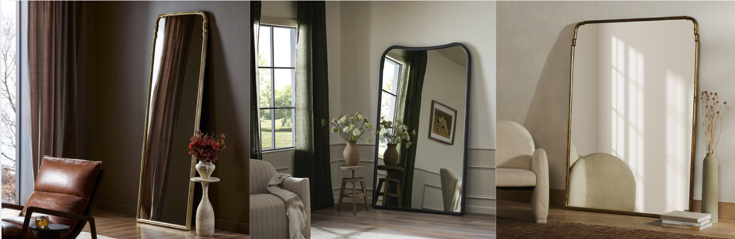Collection of arched floor mirrors in various metal finishes including brass and black, styled in modern living spaces with neutral furniture and soft natural lighting