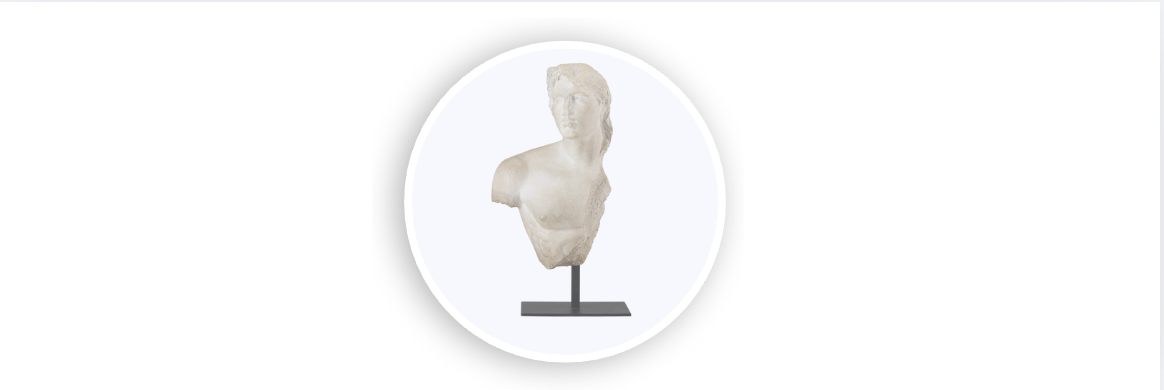 Classical-style white marble bust sculpture on a black metal stand, displayed against a white background