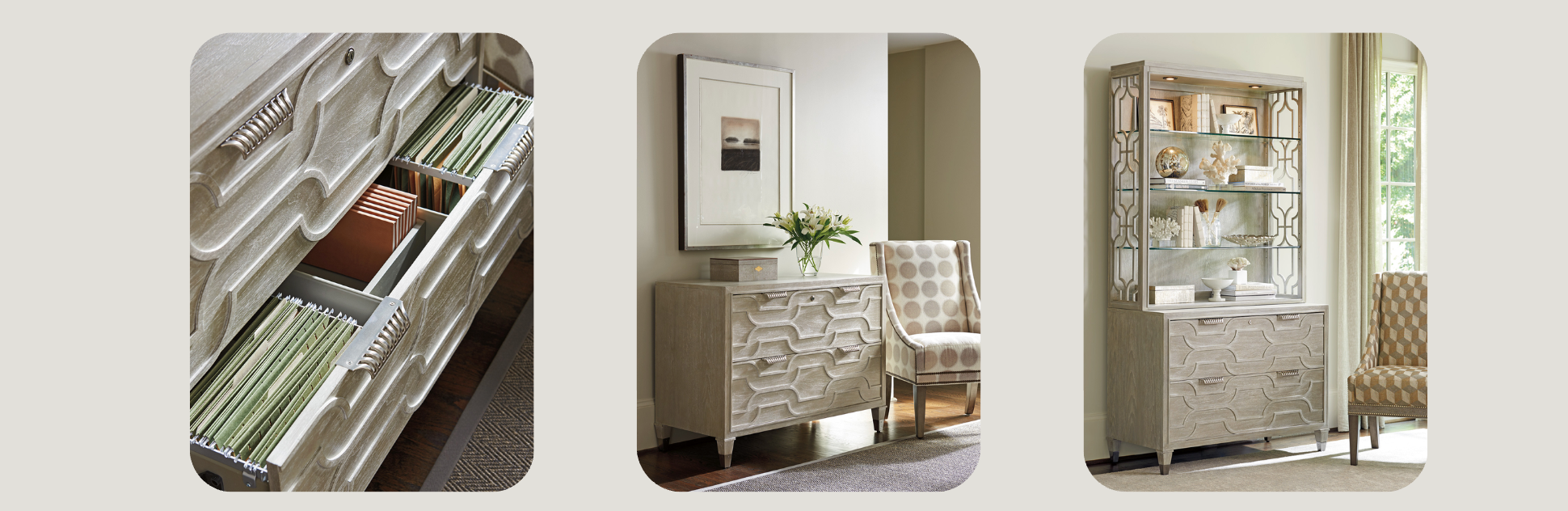 Light wood file cabinet and storage console with sculpted drawer fronts, shown in detailed close-up, styled office, and glass-front hutch display settings