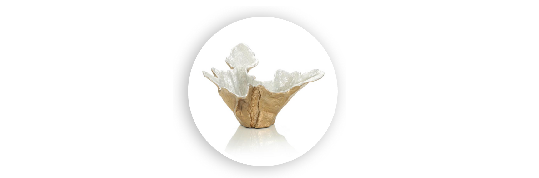 Decorative bowl with a sculptural base in gold and translucent white glass-like petals, displayed on a white background
