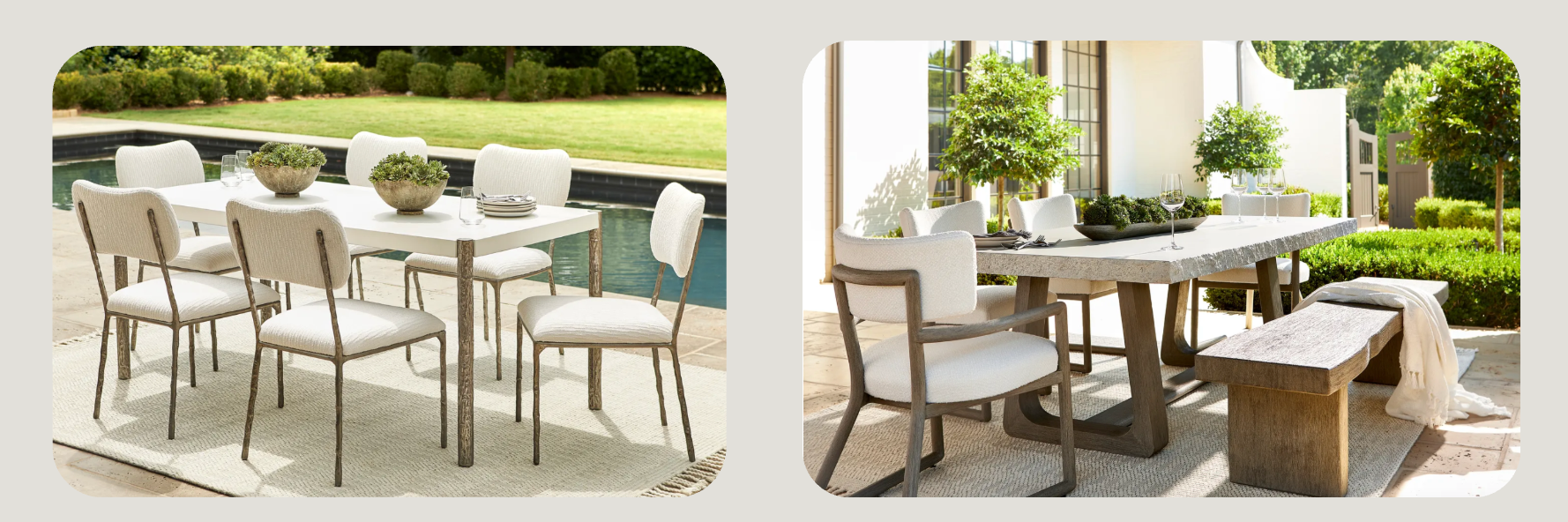 Two stylish outdoor dining setups featuring modern patio furniture. The first scene shows a minimalist dining table with cushioned chairs set beside a pool.