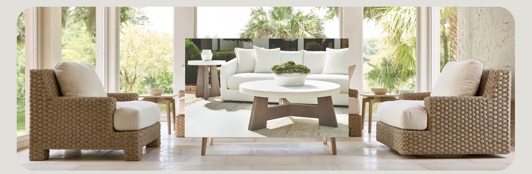 Outdoor patio seating area with woven rattan armchairs, a cushioned sofa, and a round coffee table, set on a light tiled floor with lush greenery and palm trees visible through large windows — ideal for stylish, resort-inspired outdoor living.