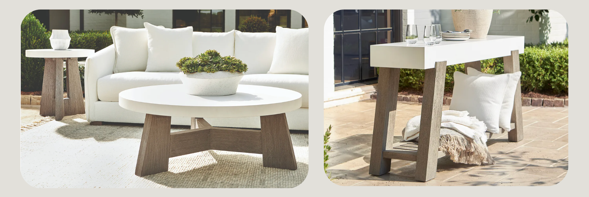 Modern outdoor accent furniture including a round coffee table and narrow console table with white tops and wooden bases, styled with neutral cushions and decorative planters in a sunlit patio setting.