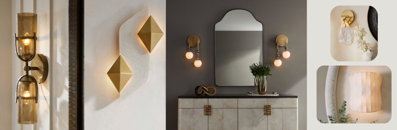 Collection of modern wall sconces in gold, glass, and sculptural forms, featuring geometric designs, globe bulbs, and soft fabric shades—styled in contemporary interiors with mirrors, console tables, and neutral accents.