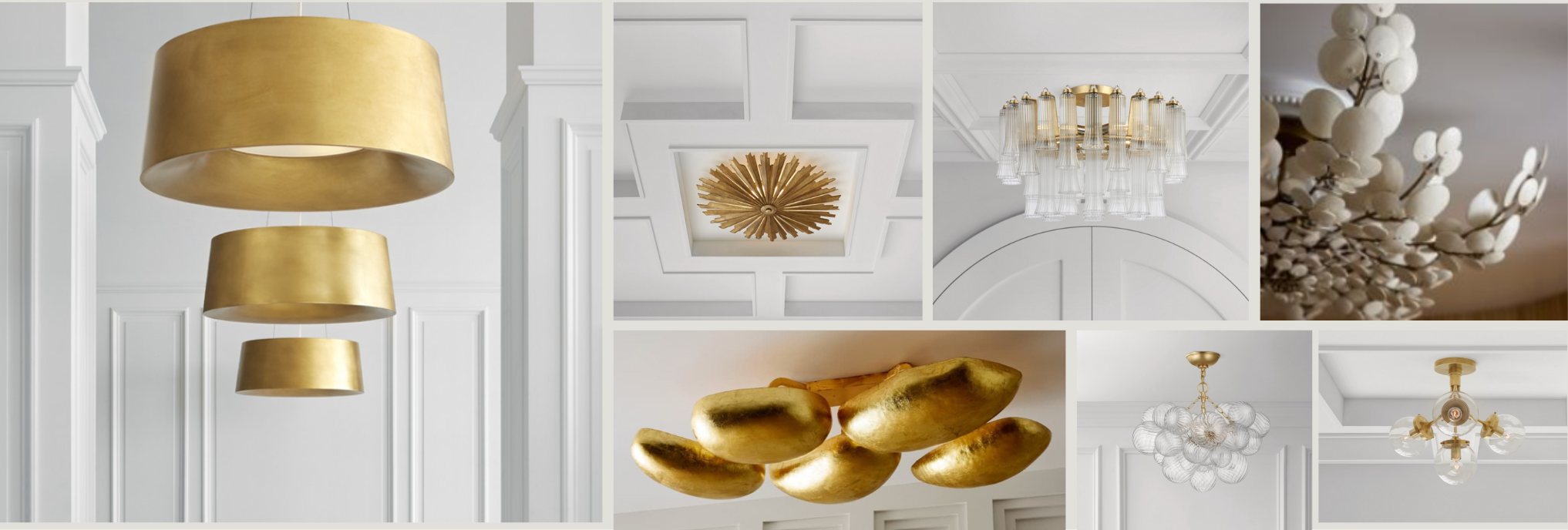 Elegant assortment of gold and glass chandeliers and ceiling fixtures in various sculptural styles, displayed against white coffered ceilings and floral accents, showcasing modern coastal luxury lighting.