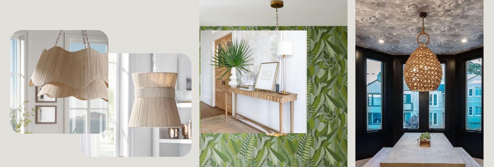 Natural woven pendant lights in various organic shapes and sizes, styled in coastal and tropical-inspired interiors with wood furniture, green palm wallpaper, and bright windows—creating a warm, relaxed ambiance
