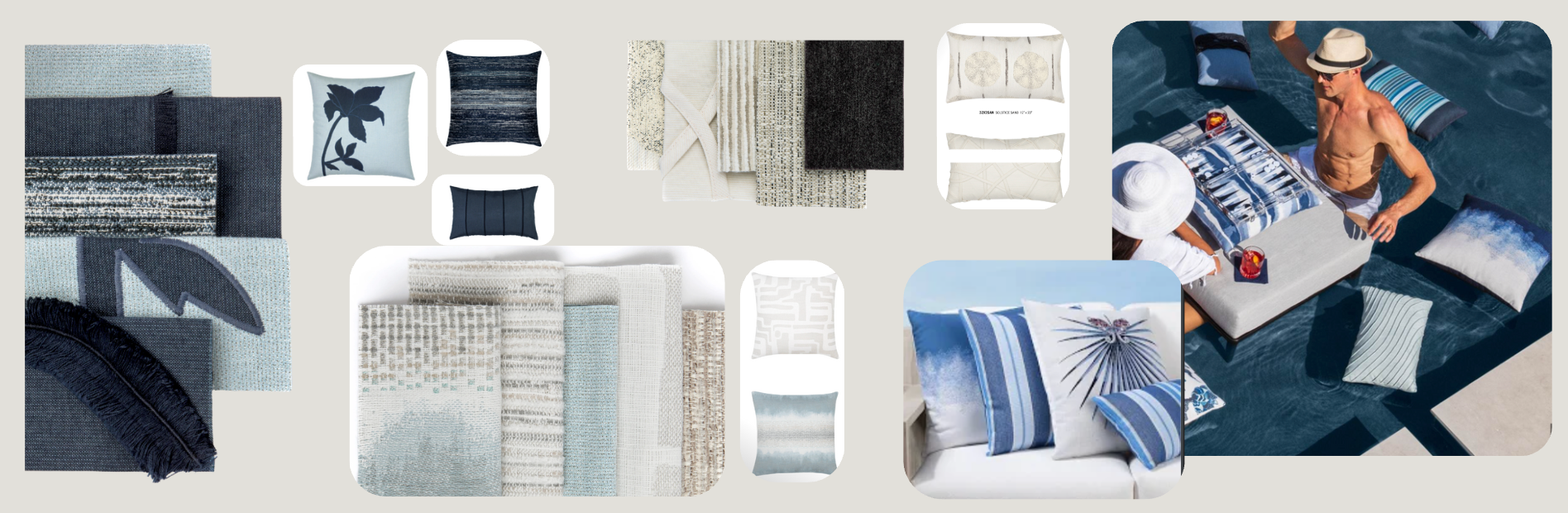 A stylish collection of coastal-themed bedding and decor in blue, white, and beige tones. Includes textured throws, patterned pillows, cozy blankets, and an outdoor poolside scene with a person relaxing among the beach-inspired textiles
