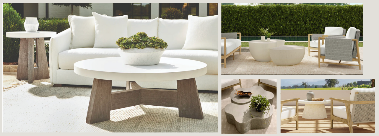 Outdoor furniture collection featuring white cushioned sofas, round and rectangular coffee tables, and modern lounge chairs in a neutral palette—styled in a sunlit patio setting with greenery and coastal-inspired decor.