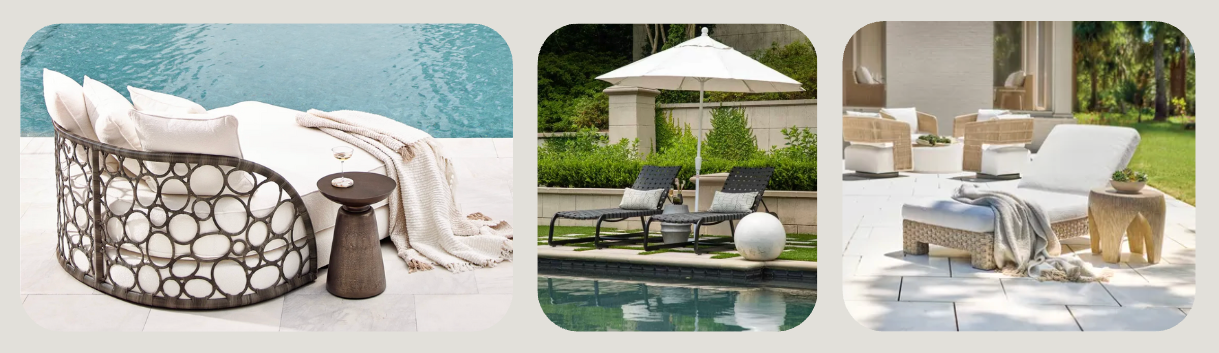 Luxury outdoor seating scenes featuring a circular rattan lounge chair by the pool, poolside loungers with umbrellas, and cushioned patio sofas and armchairs in soft neutral tones—designed for stylish, resort-inspired outdoor living.