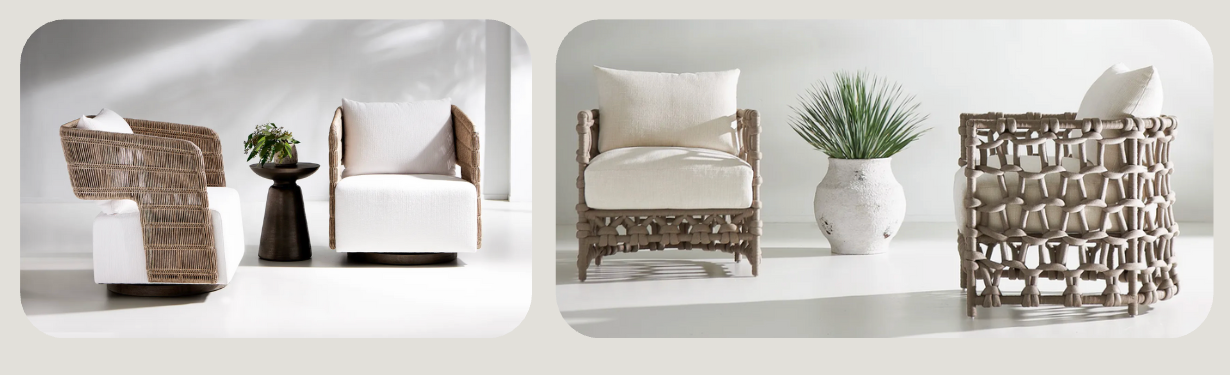 A collection of modern armchairs with woven frames and white cushions, displayed in a minimal, well-lit setting. Decorative vases with plants add a natural accent beside the chairs.