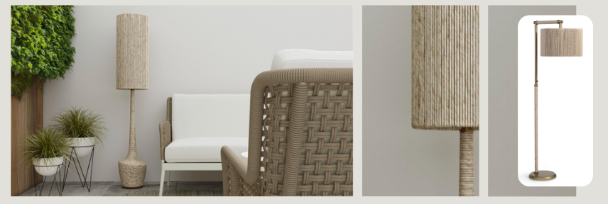 The lamp is placed beside white outdoor seating and potted plants. Close-up views highlight the lamp's texture, and the final image shows the full lamp design on a white background.