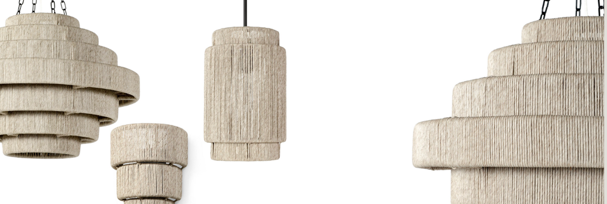 Collection of hanging pendant lights in various sizes and shapes, all featuring a natural woven texture in neutral tones. The designs include tiered, cylindrical, and rounded forms, displayed against a white background.