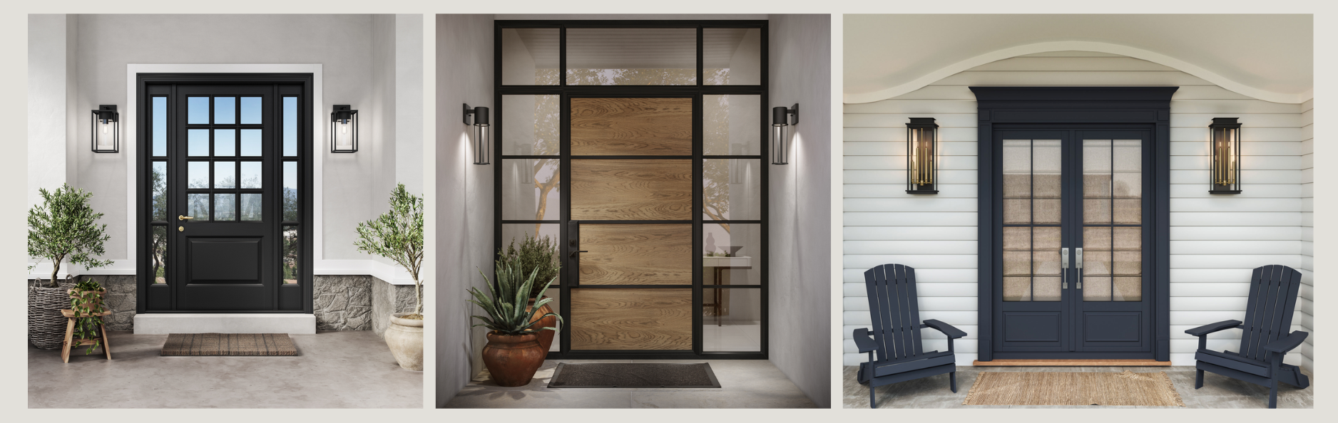 A stylish display of three modern front door designs. The doors feature glass panels and are paired with outdoor lighting and decor, including potted plants, wall sconces, and seating, showcasing a mix of contemporary and classic home entry styles.
