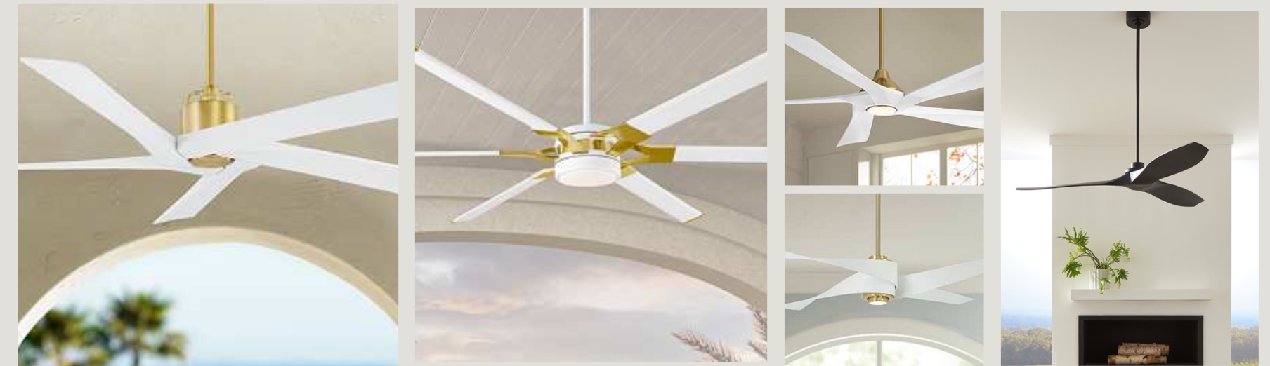 A collection of modern ceiling fans in various indoor and outdoor settings. Most feature sleek white blades with gold or brass accents, while one has a black minimalist design. The fans are installed in rooms with arched ceilings and bright, airy decor.
