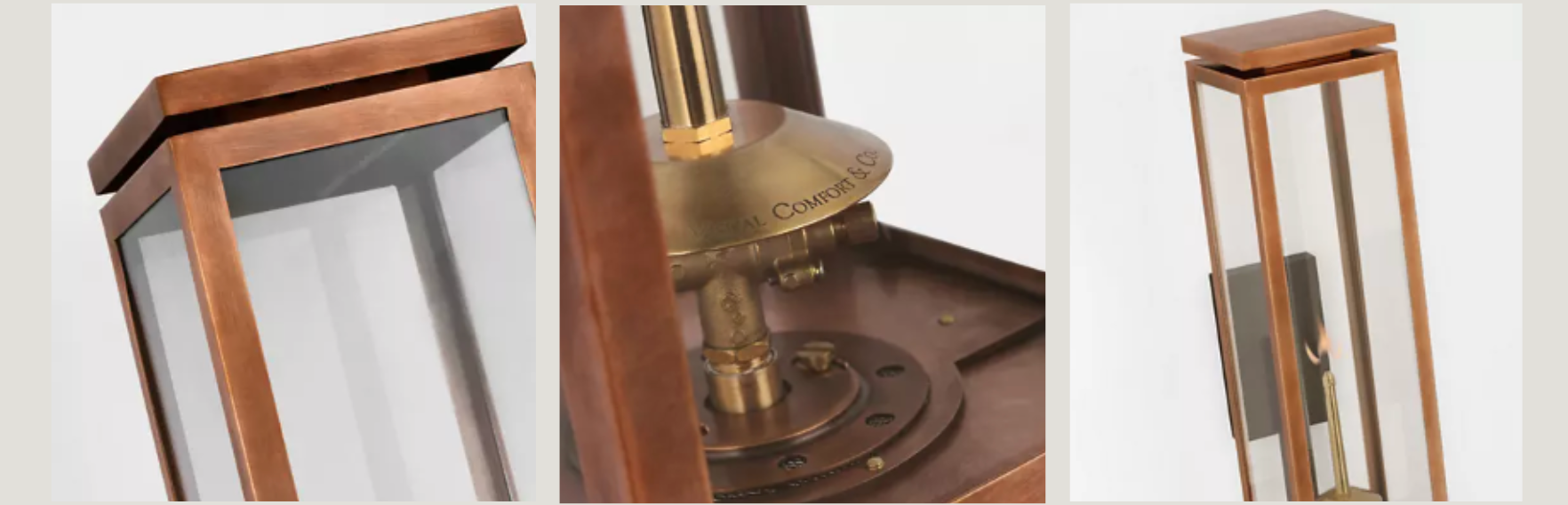 Close-up views of a rectangular outdoor wall lantern with a warm bronze finish, clear glass panels, and brass interior details. The design combines classic and modern elements.