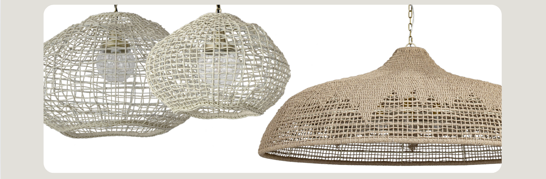 hree outdoor pendant lights with open-weave, natural fiber designs. Two have rounded, organic shapes in a light beige color, while the third features a wider, dome-shaped silhouette with a more intricate woven pattern.