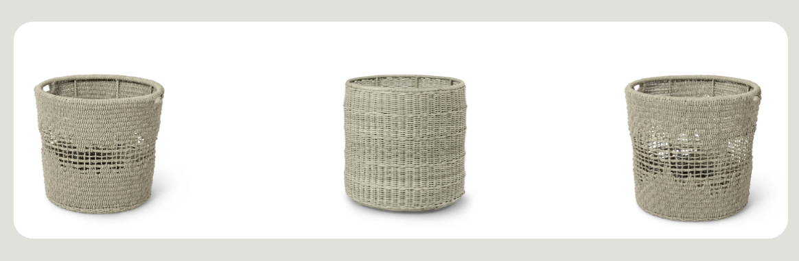Set of three round, woven outdoor baskets in neutral tones. Each basket features a slightly different weave pattern and texture, offering stylish storage or decorative use.