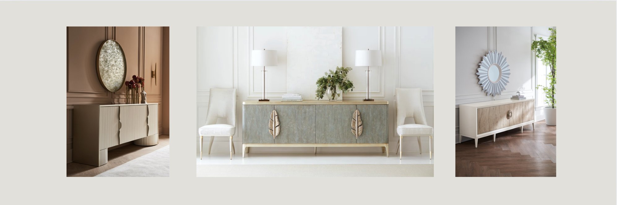 Two contrasting interior spaces: one with boucle swivel chairs in a light, curved staircase room; the other with a dark sculptural sideboard in a dramatic, modern setting