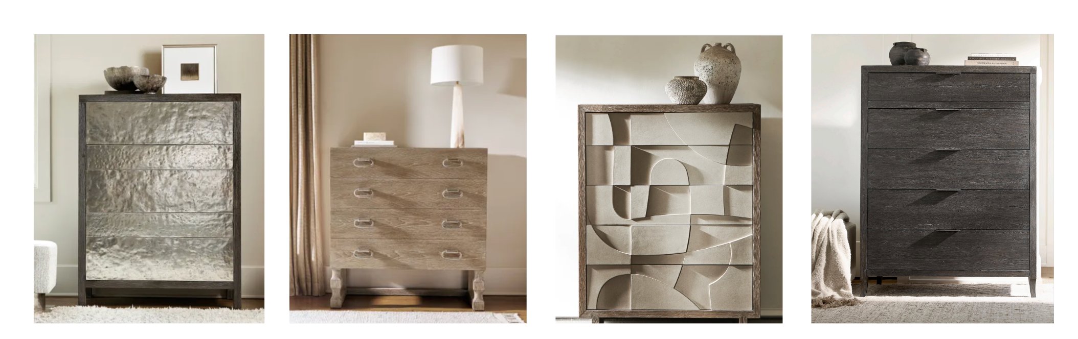 Four modern bedroom chests in various finishes and textures, including carved wood, geometric panels, and dark-stained drawers, styled with minimal decor