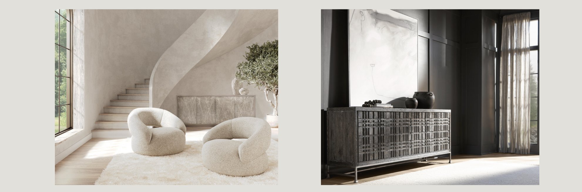 Two contrasting interior spaces: one with boucle swivel chairs in a light, curved staircase room; the other with a dark sculptural sideboard in a dramatic, modern setting