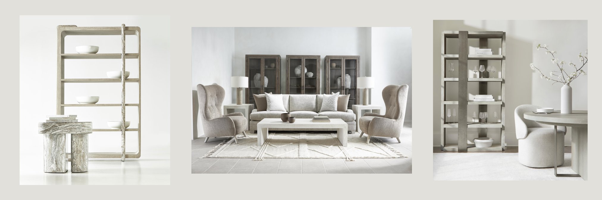 Three modern interior scenes featuring open wood bookshelves styled with neutral decor, a symmetrical living room layout, and sculptural accent furniture in soft, light-filled spaces