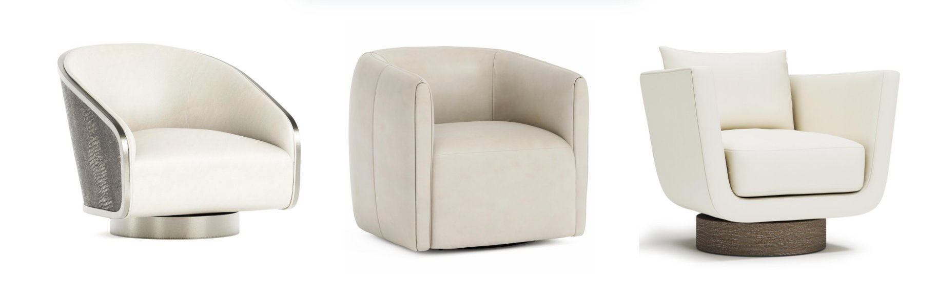Set of three modern swivel chairs in neutral upholstery, featuring curved silhouettes, textured bases, and sleek arm detailing