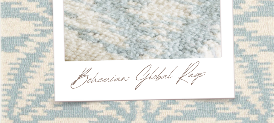 Close-up of a blue and ivory bohemian rug with global-inspired geometric pattern, overlaid with a textured fabric detail and handwritten label reading "Bohemian Global Rugs"