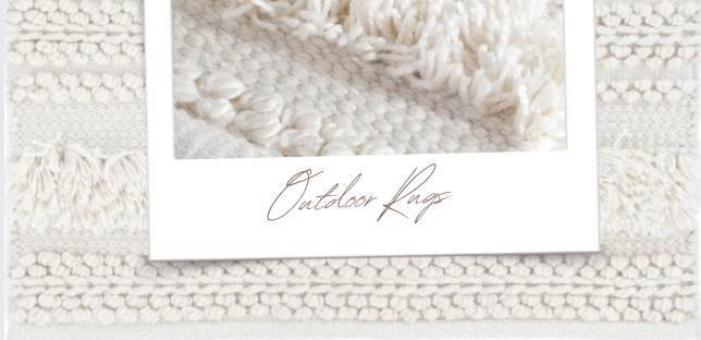 Textured ivory outdoor rug with woven and looped detailing, shown in a close-up fabric overlay with handwritten label reading "Outdoor Rugs"