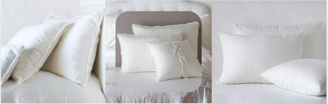 Elegant white decorative pillows in various textures and styles, featuring smooth satin finishes, lace-up details, and subtle embroidery — perfect for romantic, minimalist, and luxury bedroom decor