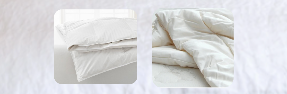 Two views of white down or down-alternative comforters with soft, quilted textures, neatly folded and gently draped in a light, minimalist bedroom setting
