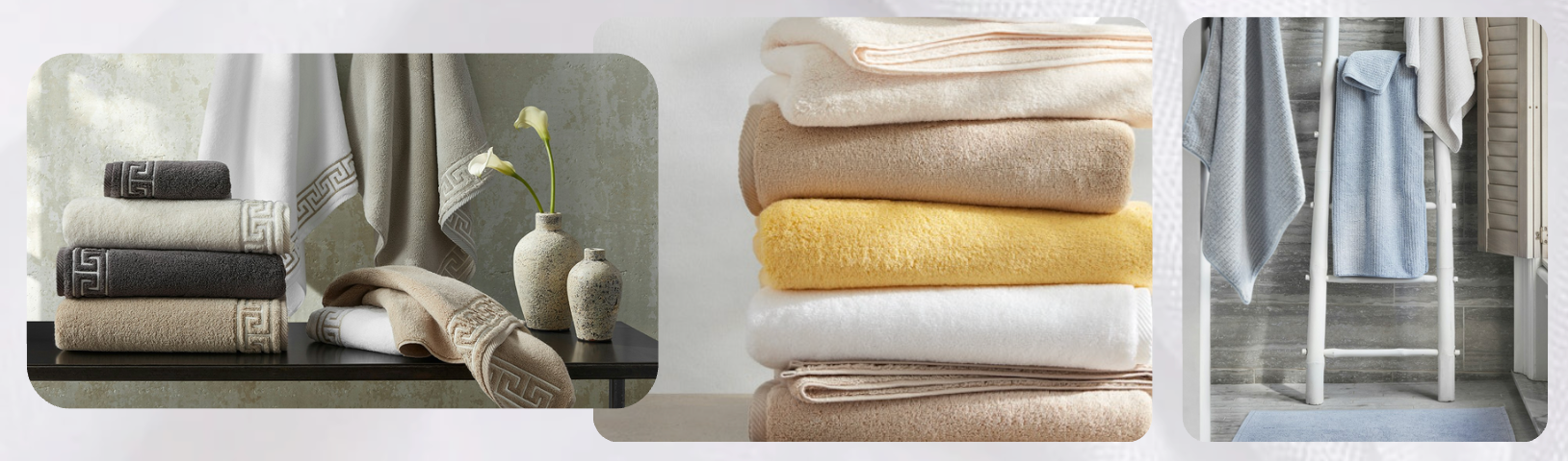 Assorted luxury bath towels in neutral, mustard yellow, and soft blue tones displayed in three settings—folded on shelves, stacked with decorative accents, and hanging on a white ladder rack in a serene bathroom space.