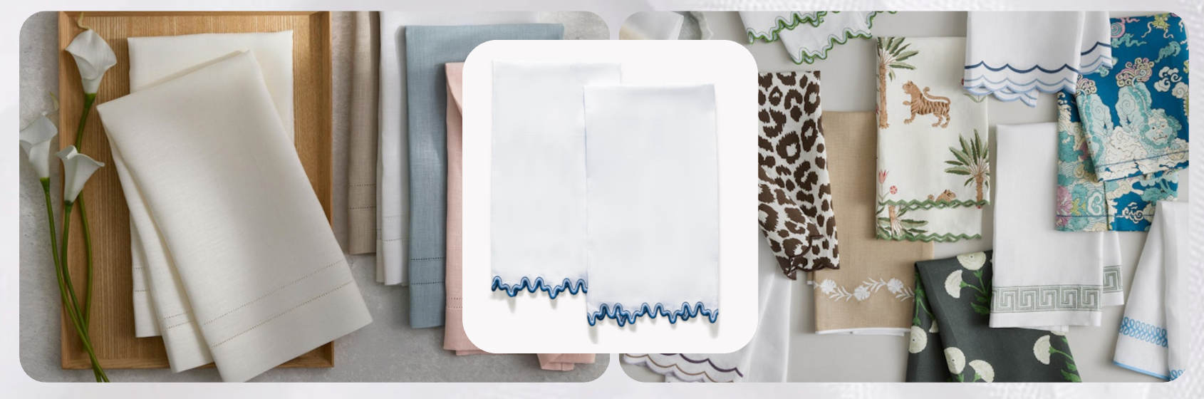 Assorted luxury napkins and linens in soft neutrals, pastels, and vibrant prints, including embroidered, scalloped, and animal-patterned designs—neatly displayed for elegant table or home decor.      