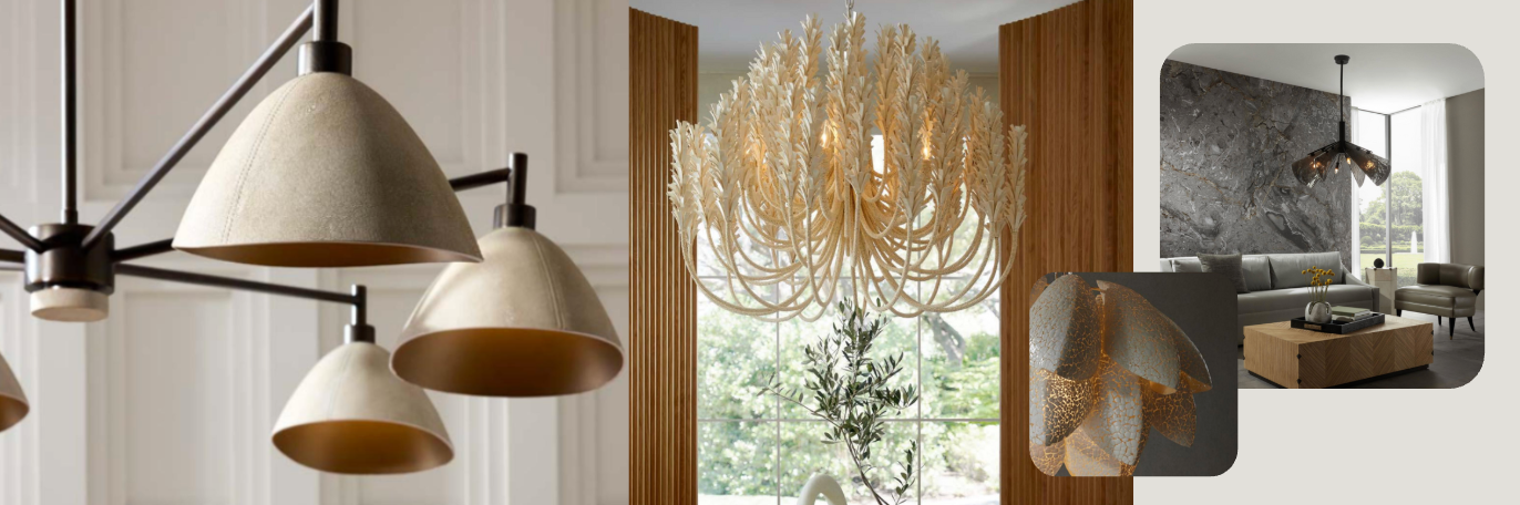Assorted pendant and chandelier lighting in modern organic styles, including woven textures, sculptural natural forms, and neutral tones—displayed in contemporary interiors with wood, stone, and minimalist decor accents.        Ask ChatGPT