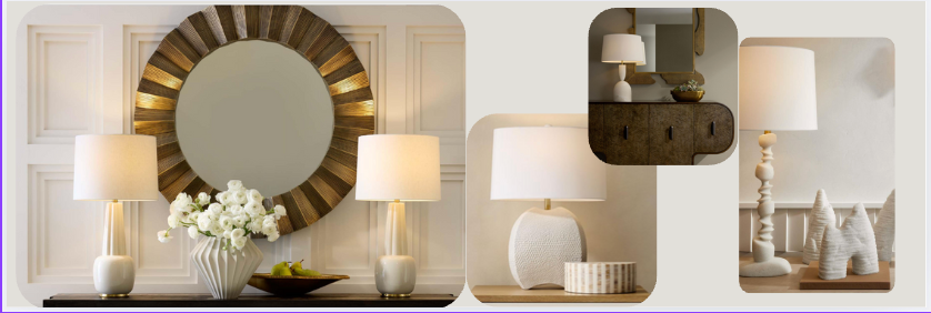 Assortment of decorative table lamps and sculptural lighting accents in a coastal-modern style, displayed with neutral ceramic bases, textured shades, and layered decor elements including mirrors and vases on console tables.       