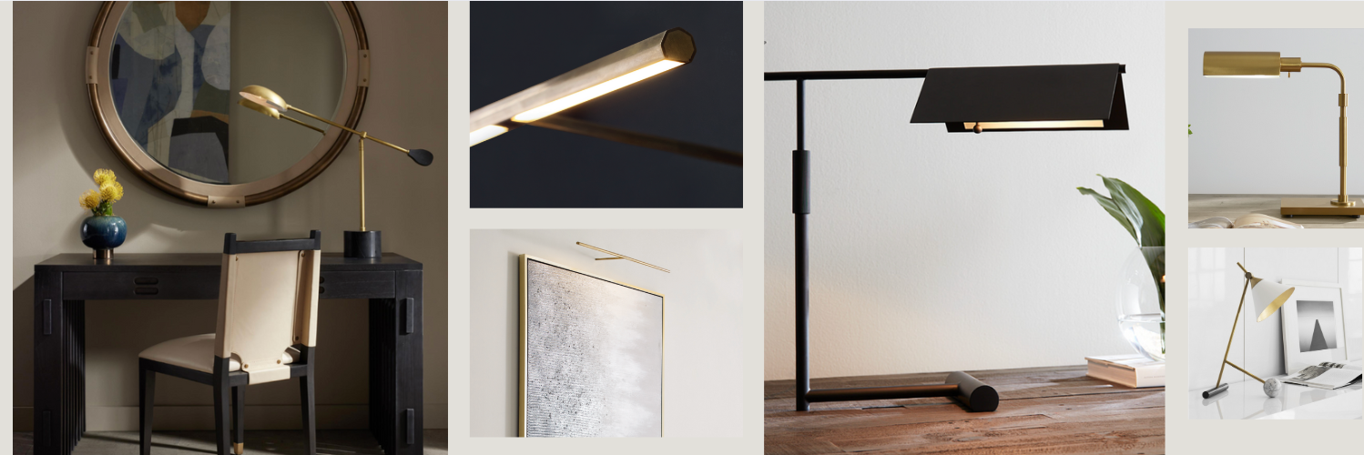 Collection of modern desk and task lamps in black, brass, and gold finishes, displayed in various styled workspaces with mirrors, wall art, and minimal decor—designed for focused lighting with sleek, contemporary silhouettes.     