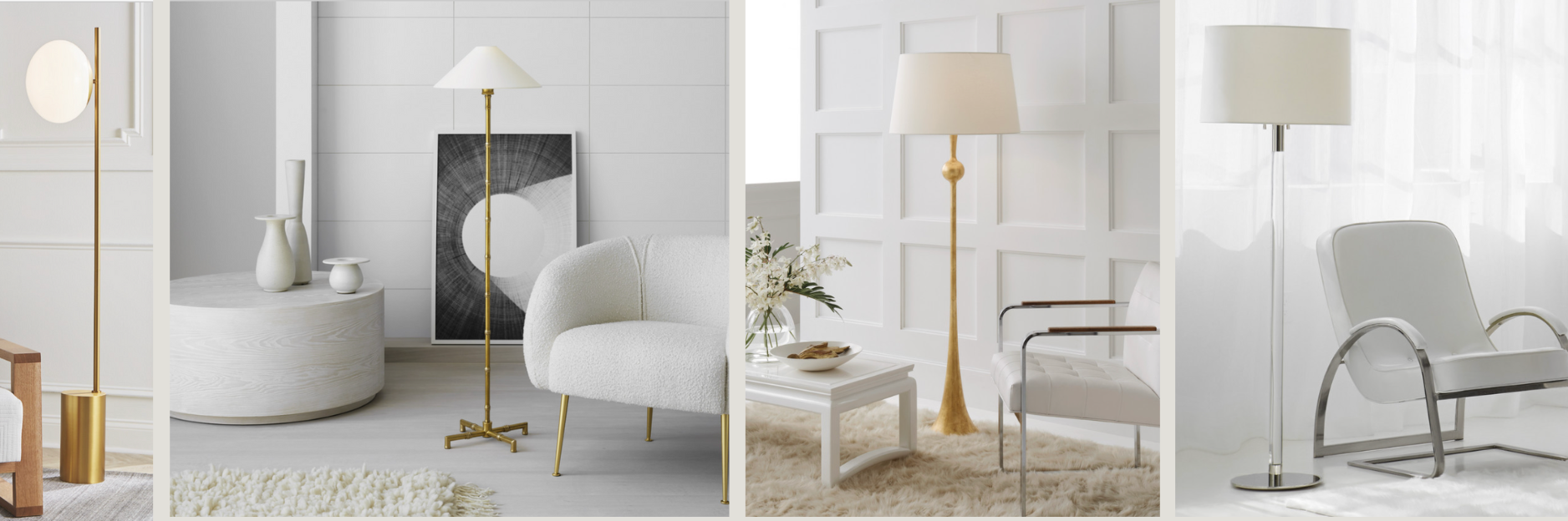 Modern floor lamps in gold, brass, and chrome finishes paired with neutral upholstered chairs and soft white backdrops, showcasing elegant lighting for contemporary living spaces.